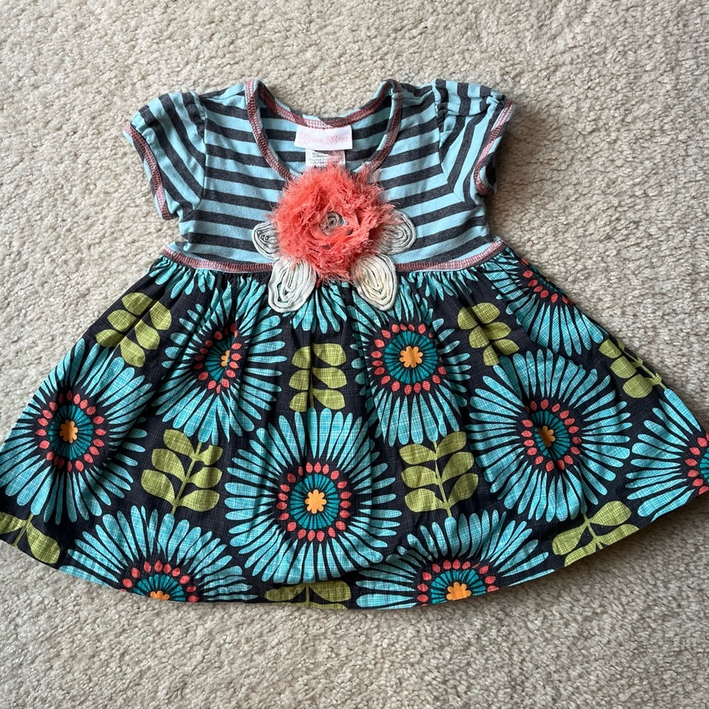 Bonnie Baby striped bodice floral skirt dress with pink flower accent